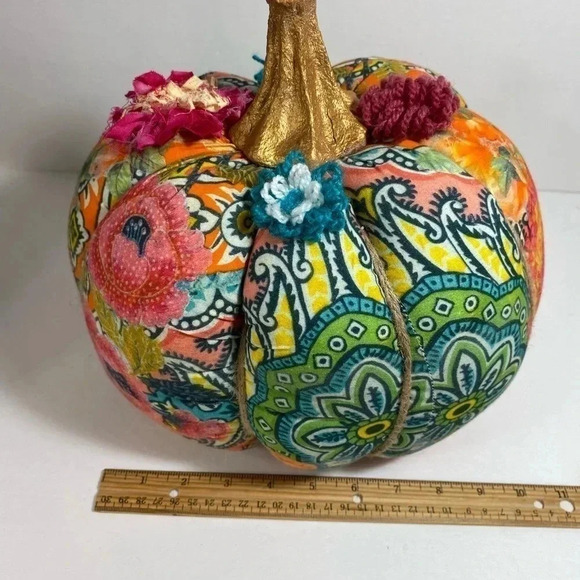Mixed Fabric Pumpkin Gold Stem Bohemian Twine Flowers Orange Pink Teal 10 In. - Picture 10 of 11